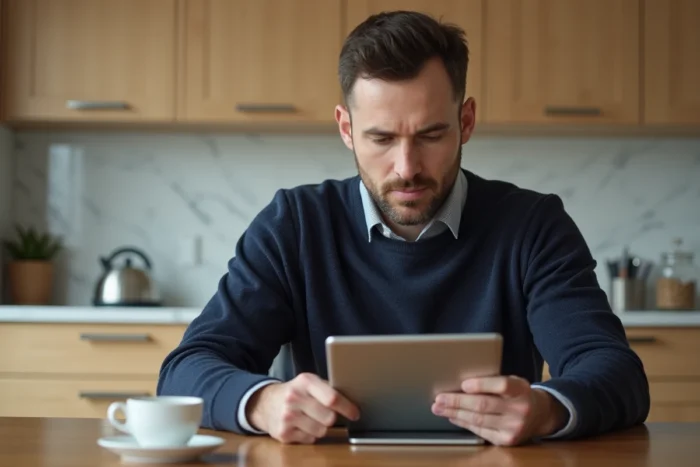 Homme consultant un portail RH PeopleDoc sur une tablette dans sa cuisine pour gérer ses documents après la fin d'un emploi