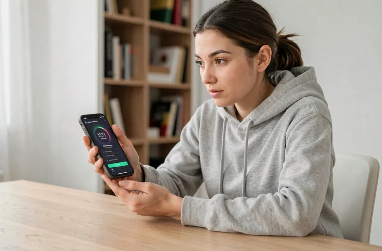 Jeune femme consultant son smartphone pour activer un accès provisoire Free 24h depuis son appartement