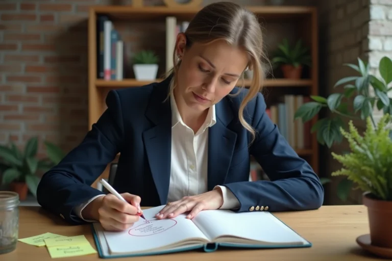 Femme entrepreneur concentrée annotant un cahier de stratégie business dans un bureau minimaliste avec des post-it, illustrant la personnalisation des conseils business à sa niche