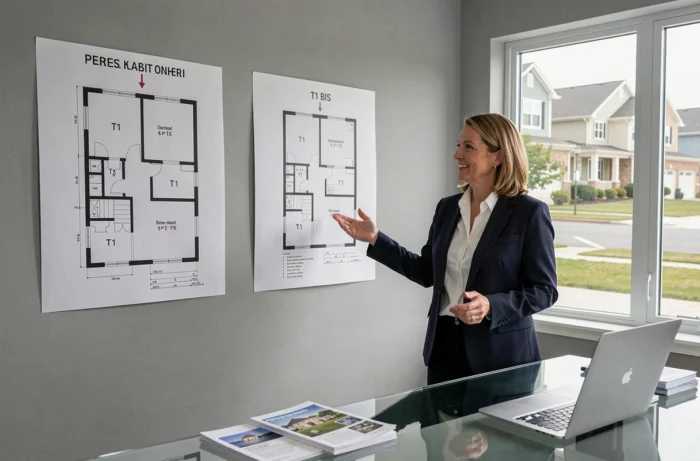 Agent immobilière présentant la différence entre un plan de T1 et un T1 bis en agence