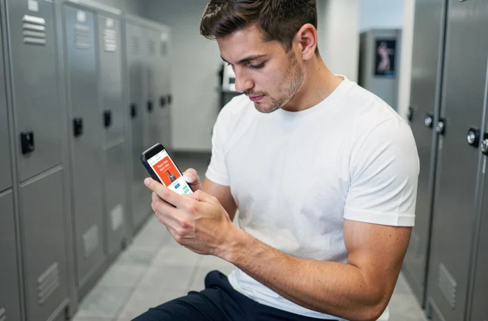 Un homme consultant l'application fitness sur son téléphone et recevant une alerte email pour une offre flash de sac gratuit
