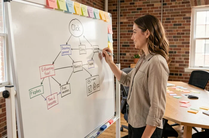 Architecte de l'information dessinant un arbre de navigation à trois clics sur un tableau blanc dans un espace de travail collaboratif
