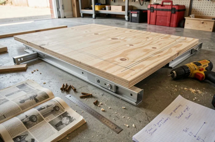 Vue en plongée d'un plateau coulissant DIY pour pick-up en cours d'assemblage avec glissières en aluminium et perceuse sans fil