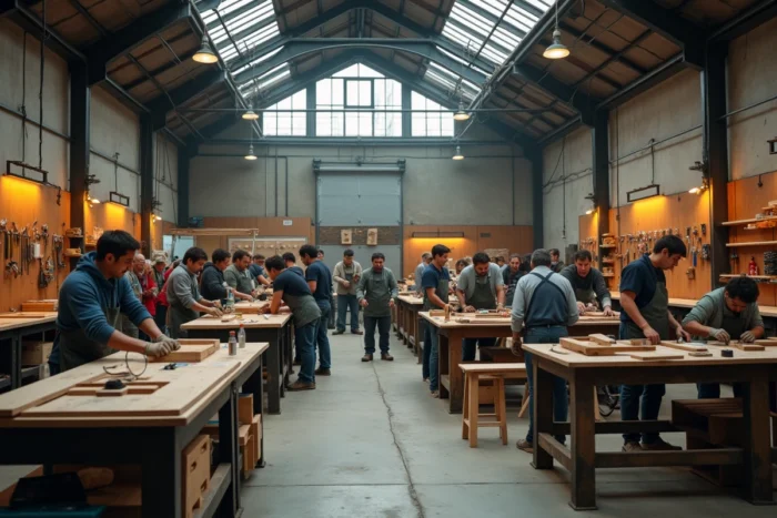 Atelier communautaire collaboratif dans un entrepôt reconverti où des adultes réparent et fabriquent ensemble, illustrant les principes de la communisation et de l'autogestion collective