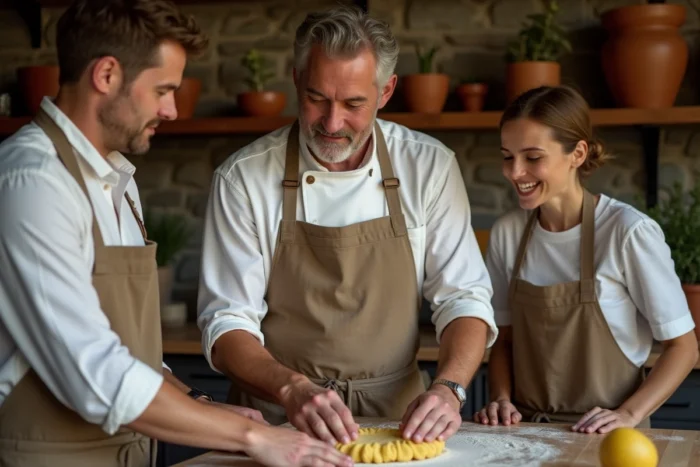 Chef du terroir guidant des participants dans un atelier de cuisine locale dans une cuisine rustique