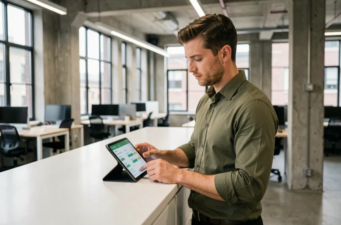 Jeune auto-entrepreneur consultant son application de comptabilité sur une tablette dans un espace de coworking