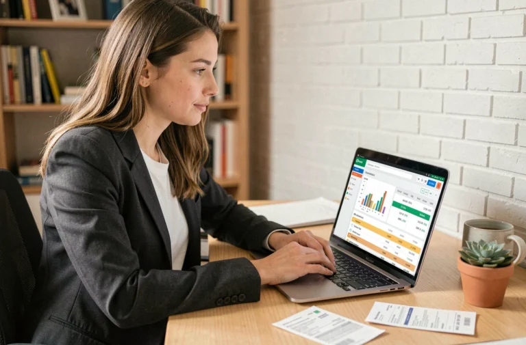 Auto-entrepreneuse gérant sa comptabilité sur un logiciel dédié depuis son bureau à domicile