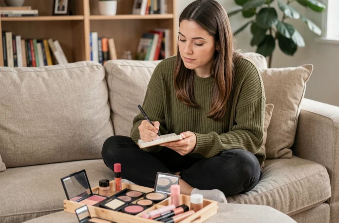 Jeune femme rédigeant ses avis sur des produits de maquillage pas cher entourée de cosmétiques abordables sur son canapé