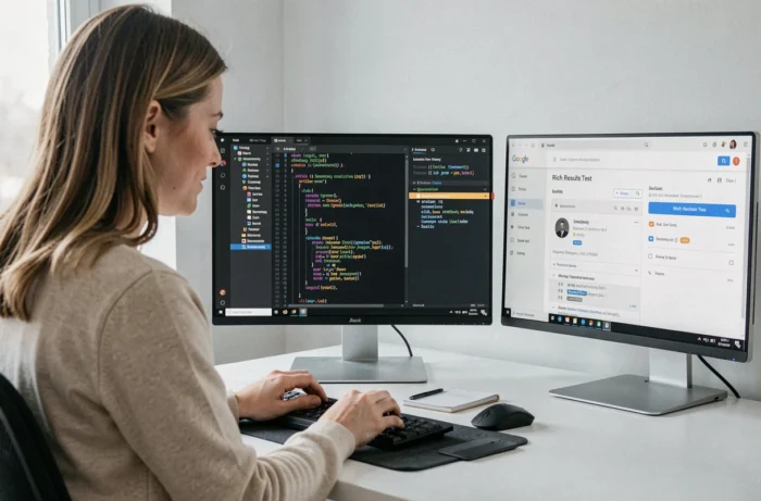 Développeuse web travaillant sur un éditeur de code affichant des balises HTML sémantiques et un extrait de données structurées Schema.org en JSON-LD