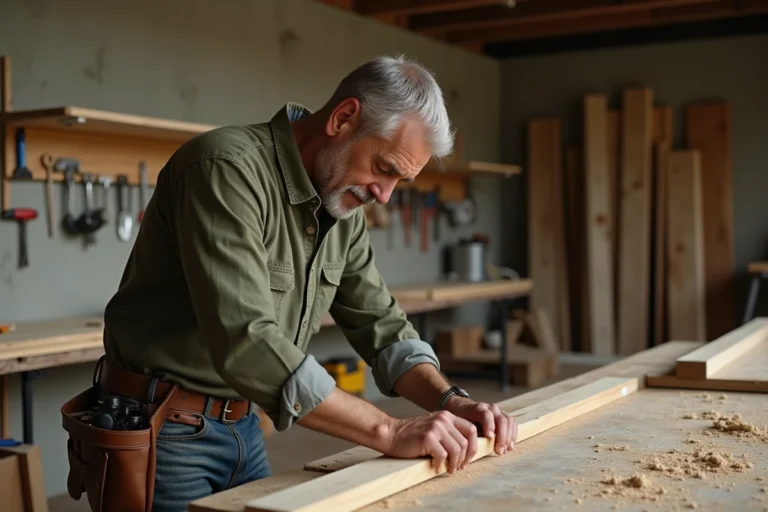 Homme bricoleur mesurant une planche en bois dans un atelier de garage avec une ceinture à outils en cuir