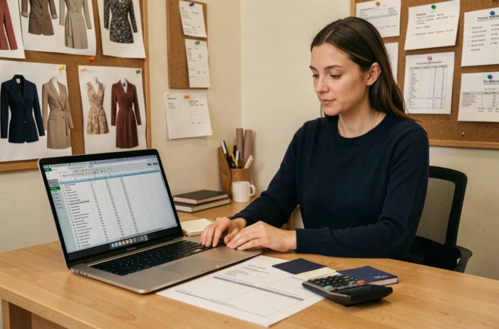 Fondatrice de marque calculant le coût de production par unité sur un tableau de bord financier