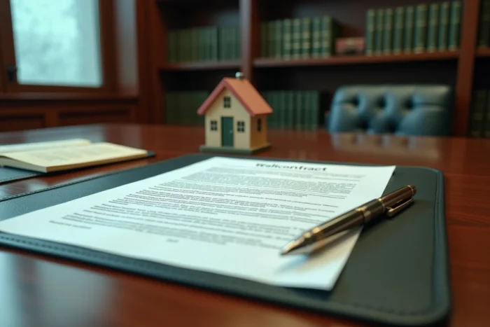 Bureau de notaire avec contrat de vente immobilière pour résidence secondaire posé sur un bureau en acajou
