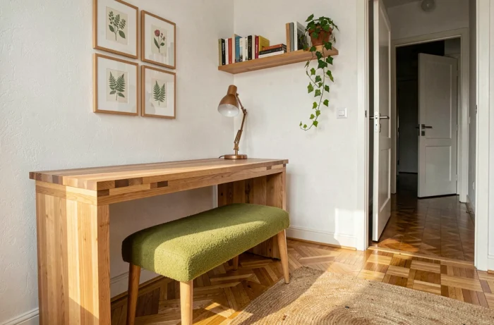 Coin bureau sur mesure en chêne avec décoration artisanale et mobilier personnalisé dans un intérieur de style scandinave