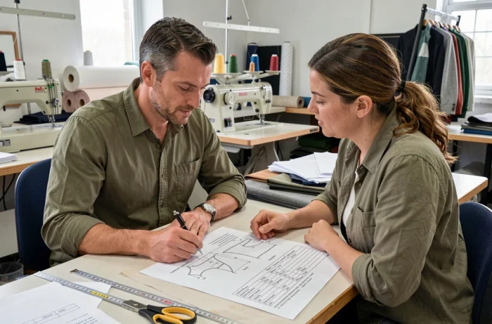 Responsable de production et couturière examinant ensemble un cahier des charges technique détaillé