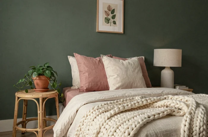 Coin chambre cosy avec plaid en grosse maille, coussins en lin et table de chevet en rotin