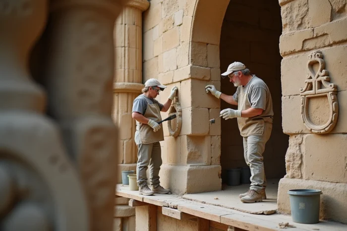 Bénévoles appliquant du mortier sur une façade en pierre lors d'un chantier de restauration du patrimoine
