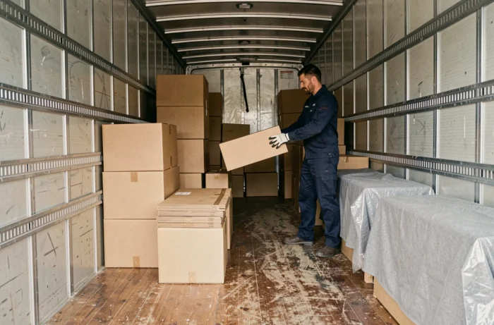 Déménageur professionnel chargeant méthodiquement des cartons dans un camion 15m3 pour optimiser la contenance