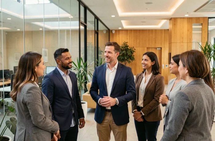Homme charismatique en blazer marine interagissant avec confiance avec un groupe de collègues dans un bureau moderne