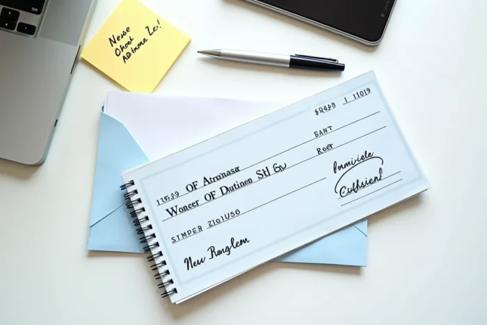Chéquier ouvert avec ancienne adresse posé sur un bureau à côté d'un stylo et d'une lettre