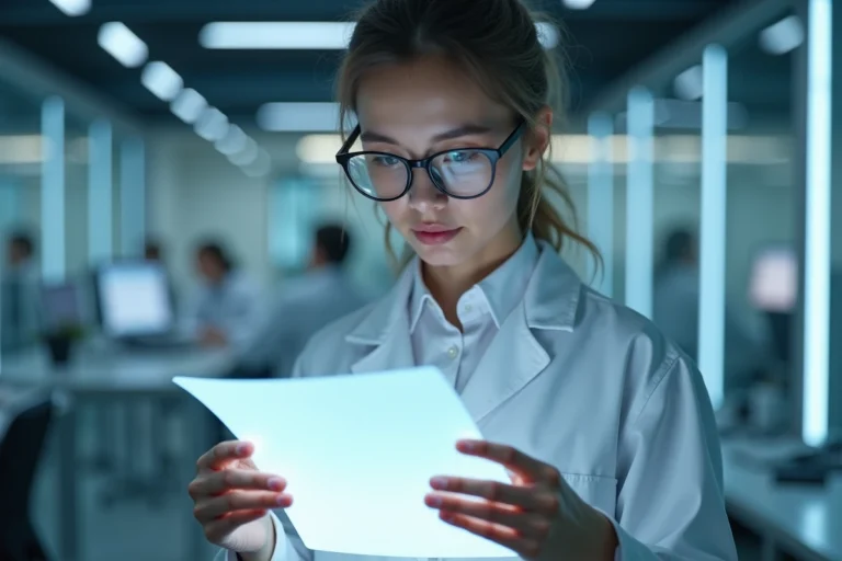 Chercheuse en laboratoire tenant un écran flexible transparent, illustrant les innovations technologiques de l'année