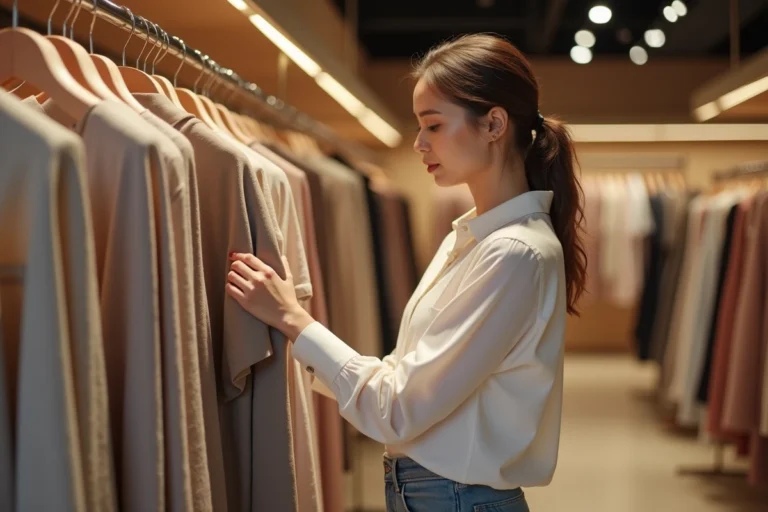 Femme examinant attentivement une robe midi dans une boutique de mode moderne, conseils pour bien choisir sa robe