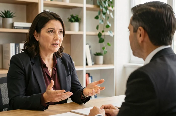Femme démontrant une cohérence parfaite entre son expression verbale et ses gestes non verbaux lors d'un échange professionnel sincère
