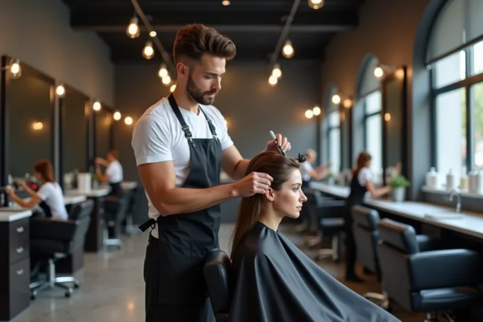 Coiffeur professionnel appliquant un traitement capillaire sur une cliente en salon, soulignant l'importance des conseils d'experts