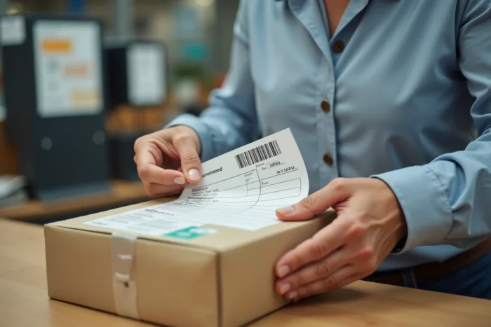 Colis Colissimo recommandé R2 avec étiquette de suivi sur un comptoir de bureau de poste en France