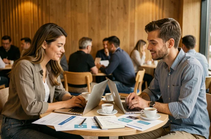 Deux jeunes professionnels collaborant autour de ressources en ligne pour accompagner le développement de leur entreprise dans un café moderne