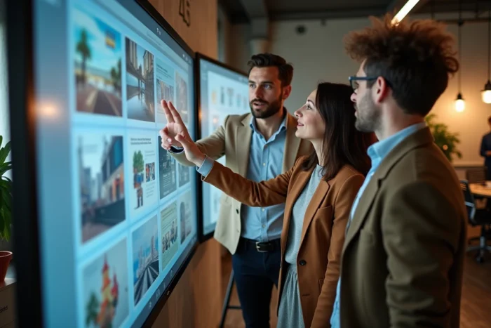 Équipe de collègues français analysant les tendances et informations insolites de l'actualité sur un écran interactif en open space