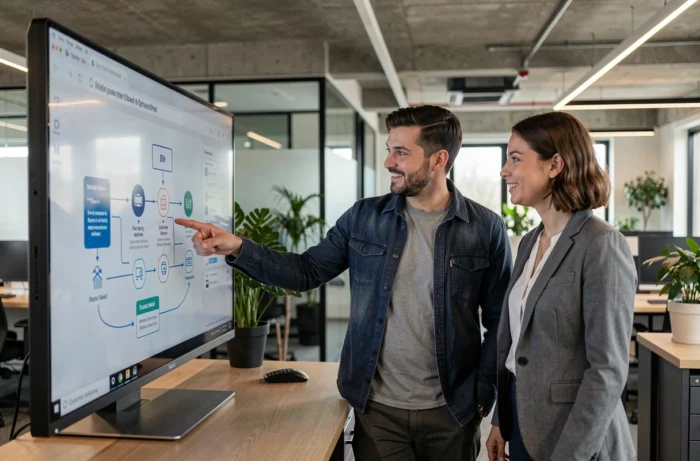 Deux collègues analysant un diagramme d'initiation à la blockchain Robthecoins sur écran tactile dans un espace de coworking