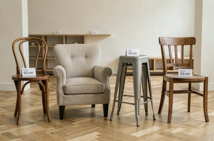 Comparaison de quatre types de chaises différentes en showroom avec leurs dimensions standard affichées