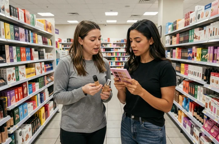 Deux femmes comparant des produits de maquillage économiques dans le rayon beauté d'une pharmacie