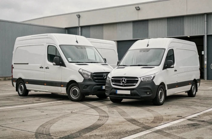 Comparatif de deux fourgons utilitaires H2 et H3 garés côte à côte dans un parking industriel, montrant la différence de hauteur de toit