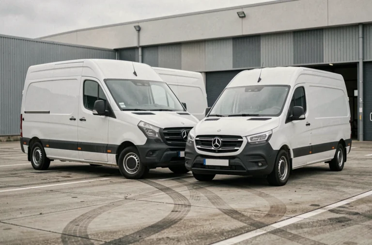 Comparatif de deux fourgons utilitaires H2 et H3 garés côte à côte dans un parking industriel, montrant la différence de hauteur de toit