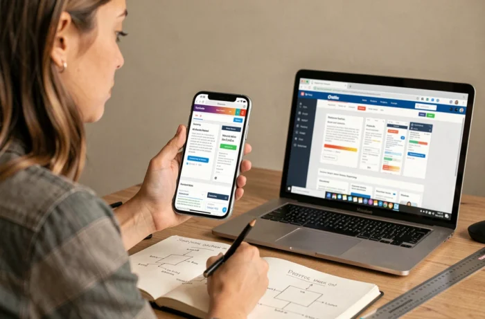 Développeuse UI comparant une mise en page mobile responsive sur smartphone et laptop avec un cahier de points de rupture ouvert sur le bureau