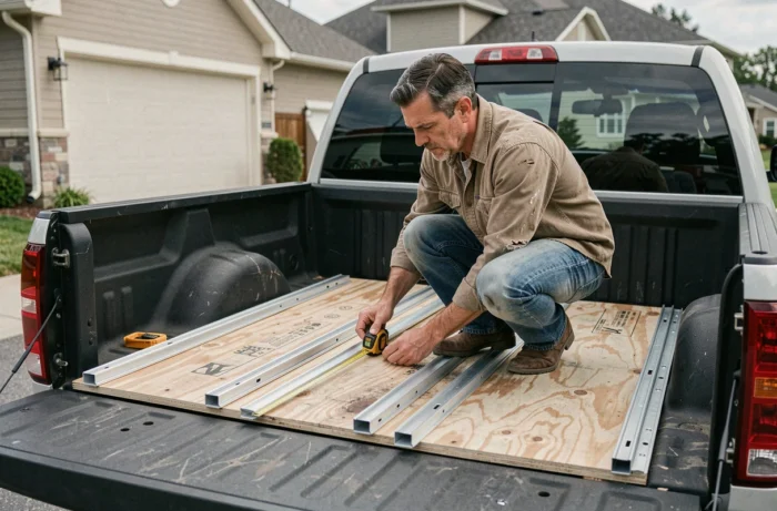 Homme mesurant un plateau coulissant en bois dans la benne d'un pick-up lors de la phase de conception DIY