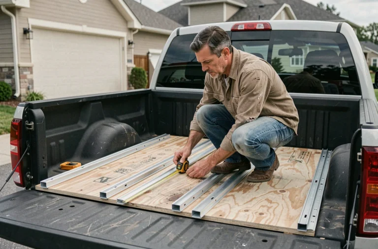 Homme mesurant un plateau coulissant en bois dans la benne d'un pick-up lors de la phase de conception DIY