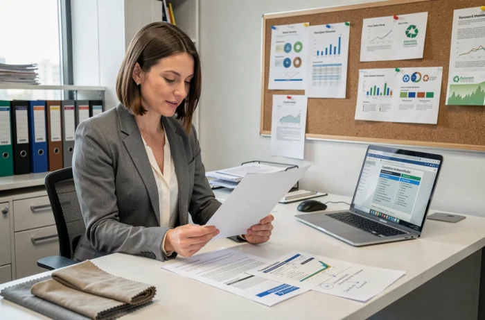 Professionnelle vérifiant la conformité anti-greenwashing d'une étiquette produit face à un document réglementaire