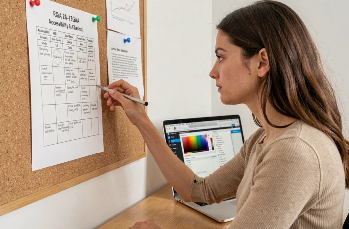 Designeuse UX consultant une liste de contrôle RGAA imprimée avec des outils de ratio de contraste affichés à l'écran pour vérifier l'accessibilité légale d'un site web
