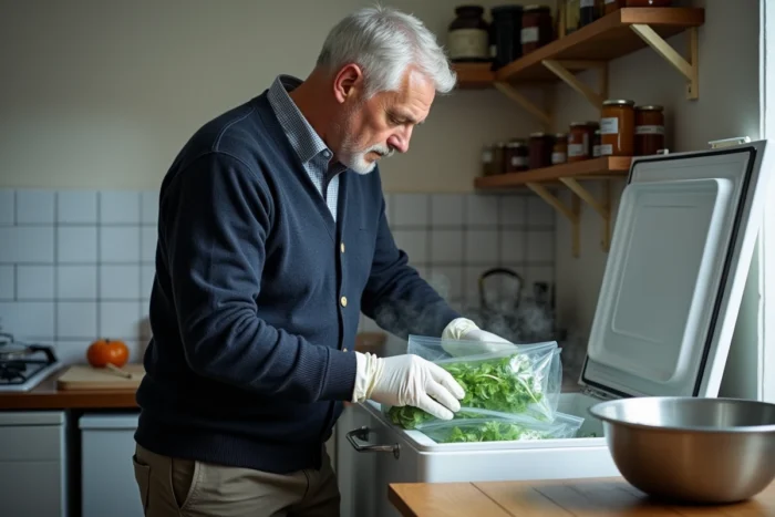 Homme rangeant des sachets sous vide de pourpier blanchi dans un congélateur pour une conservation hivernale optimale