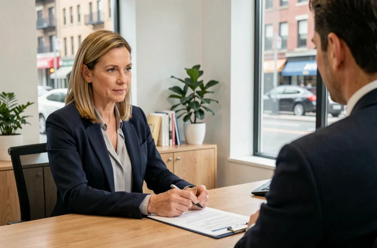 Conseillère en assurance expliquant un contrat personnalisé à un client dans un bureau moderne et lumineux