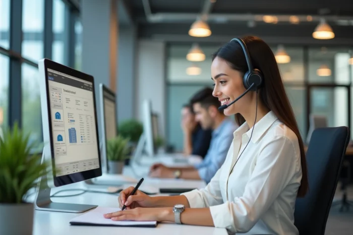 Conseillère en relation client aidant un utilisateur à résoudre un problème de connexion à l'espace client MyFoncia depuis un bureau professionnel