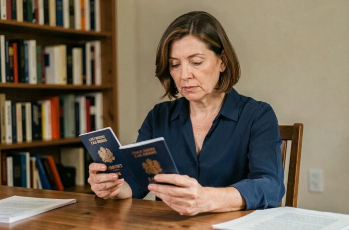 Femme comparant deux passeports français sur un bureau en bois dans un bureau à domicile
