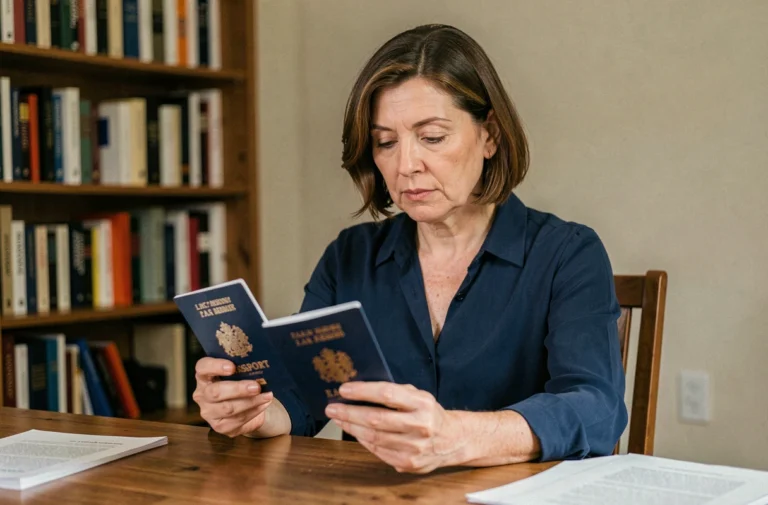 Femme comparant deux passeports français sur un bureau en bois dans un bureau à domicile