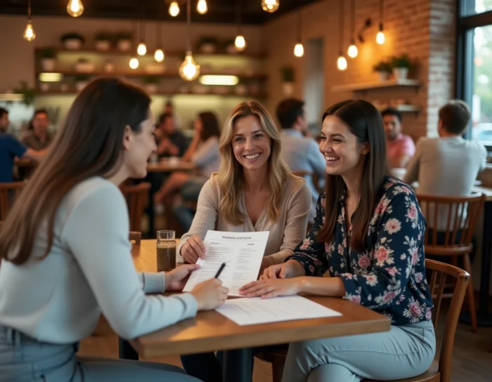 Organisatrice de mariage présentant un planning à un couple de futurs mariés autour d'une table dans un café chaleureux