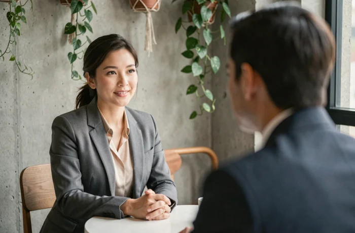 Femme maintenant un contact visuel différencié et bienveillant avec un interlocuteur lors d'un échange professionnel en face à face