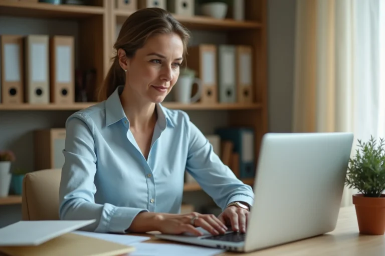 Femme rédigeant un email de contact à Cetelem depuis son bureau à domicile avec une lettre postale à côté