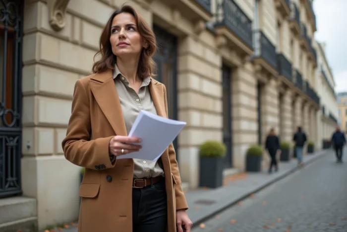 Femme copropriétaire évaluant un immeuble parisien dans le cadre d'un rachat de part en indivision