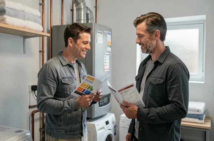 Couple examinant une chaudière à condensation moderne dans une chaufferie domestique pour optimiser leur consommation d'énergie